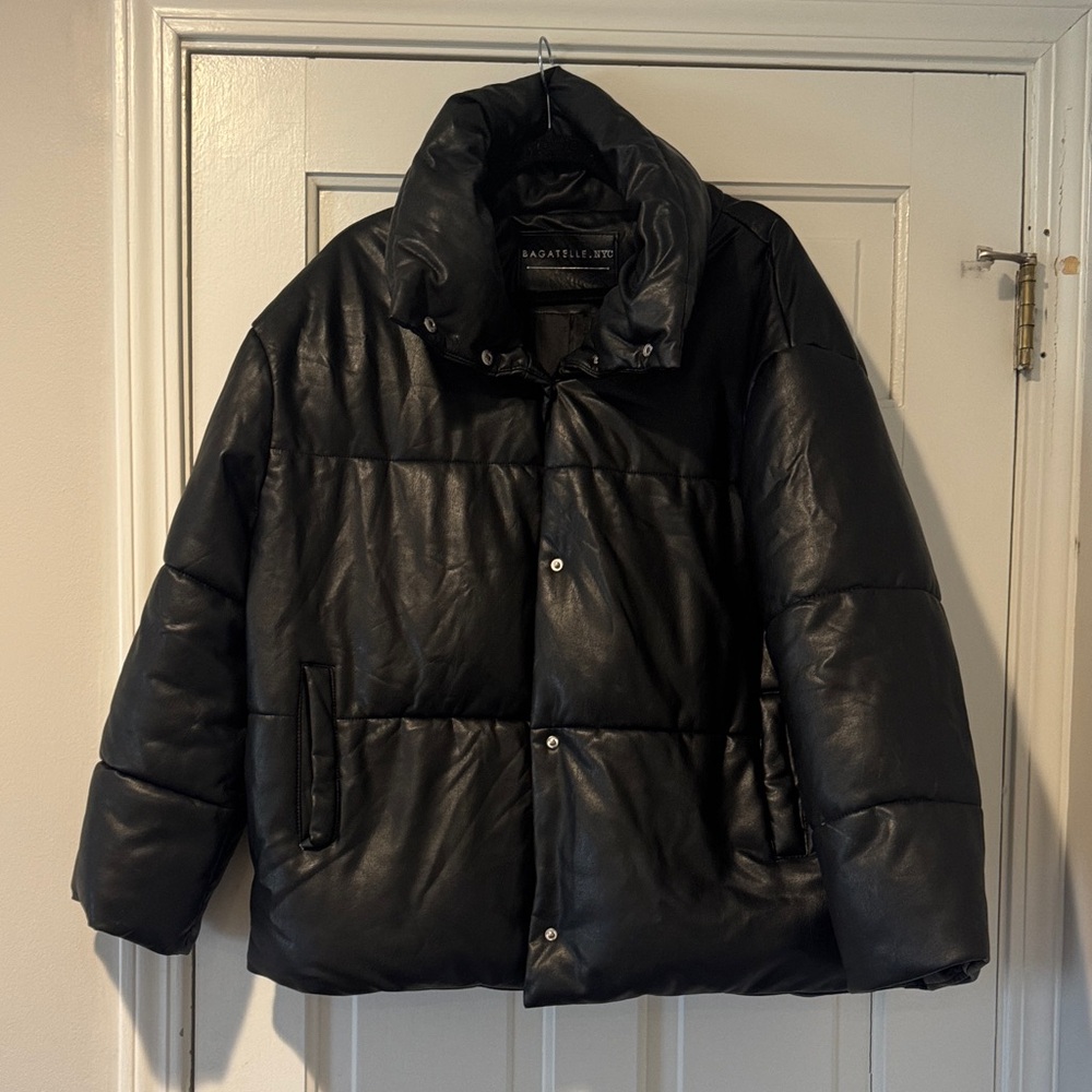 bagatelle Black Quilted Puffer Jacket with Leather-Look Finish
